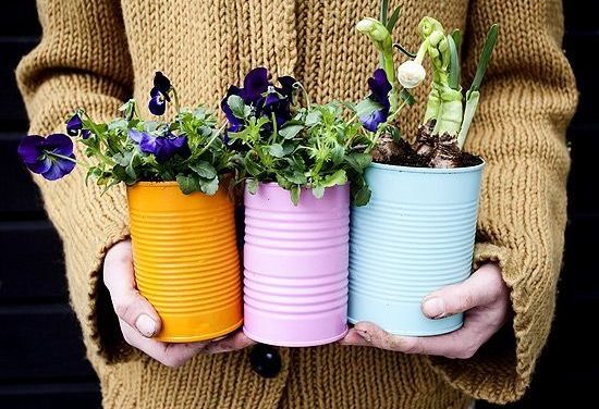Horta com latas de tintas
