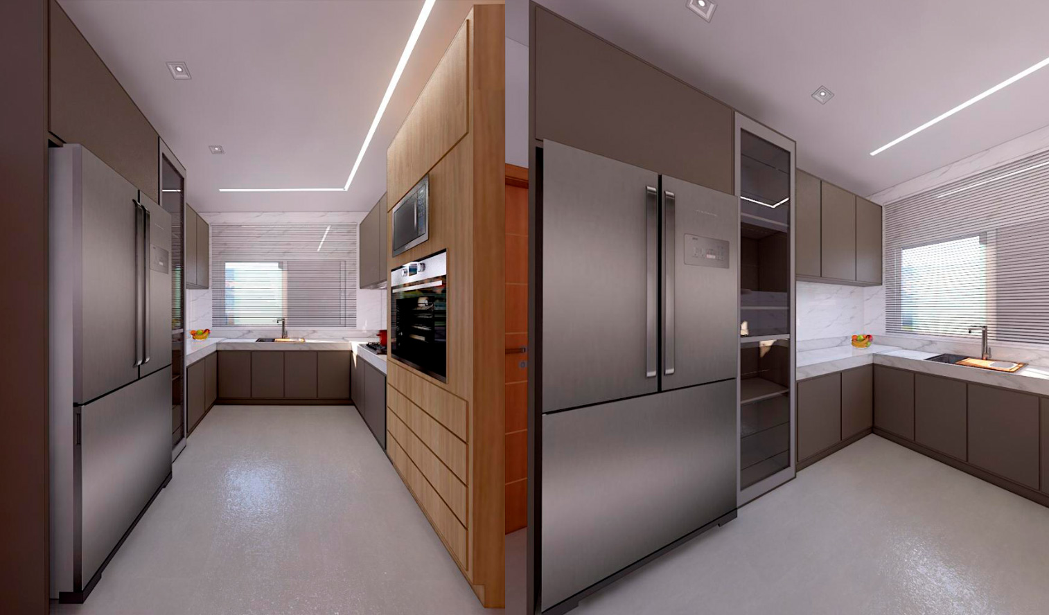 Cozinha residencial traz a mistura do padrão Lacca AD Fumê, que camufla os eletrodomésticos, com o uso da madeira quente Matt Plus Elmo Macciato