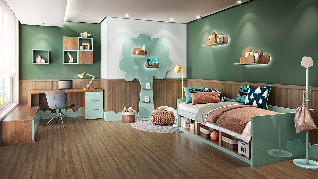 MDF Verde Bellagio, de Lacca AD; MDF Imbuia Terra, de BP Raízes; e piso laminado Lâmina Amêndoa, da Linha Prime Click